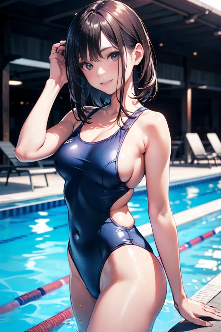 masterpiece, (realistic, photo realistic:1.2), (highest quality), extremely fine and beautiful, beautiful face details, real human skin, realistic, photorealistic, Complete limbs. Ultra-high resolution, Bright light, Slender beauty, smile, Wearing a shiny school swimsuit, Glowing Skin. Tiny breasts, pool