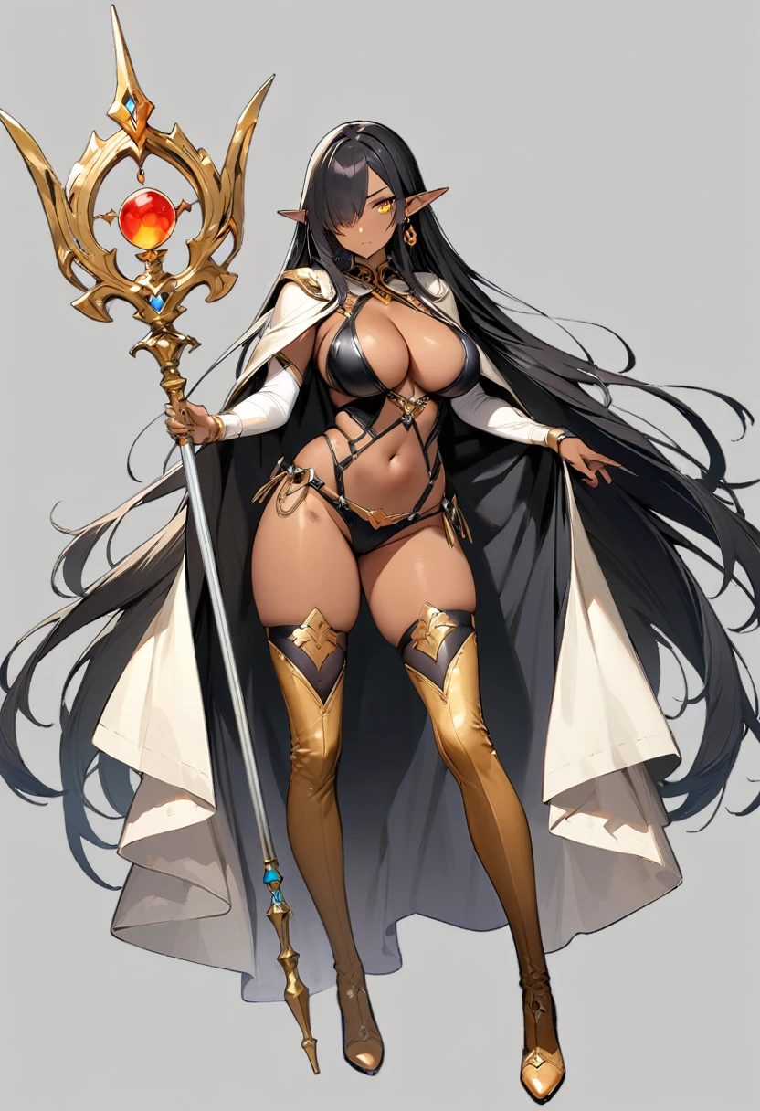 (masterpiece:1.2), (highest quality:1.2), 1girl, solo, pointy-ears, dark-skin, breasts, dark-skinned-female, staff, transparent-background, dark-elf, large-breasts, black-hair, cape, elf, earrings, full-body, jewelry, tattoo, thighhighs, hair-over-one-eye, very-long-hair, navel, yellow-eyes, high-heels, boots, underwear, cleavage, looking-at-viewer, holding, panties, revealing-clothes, standing
