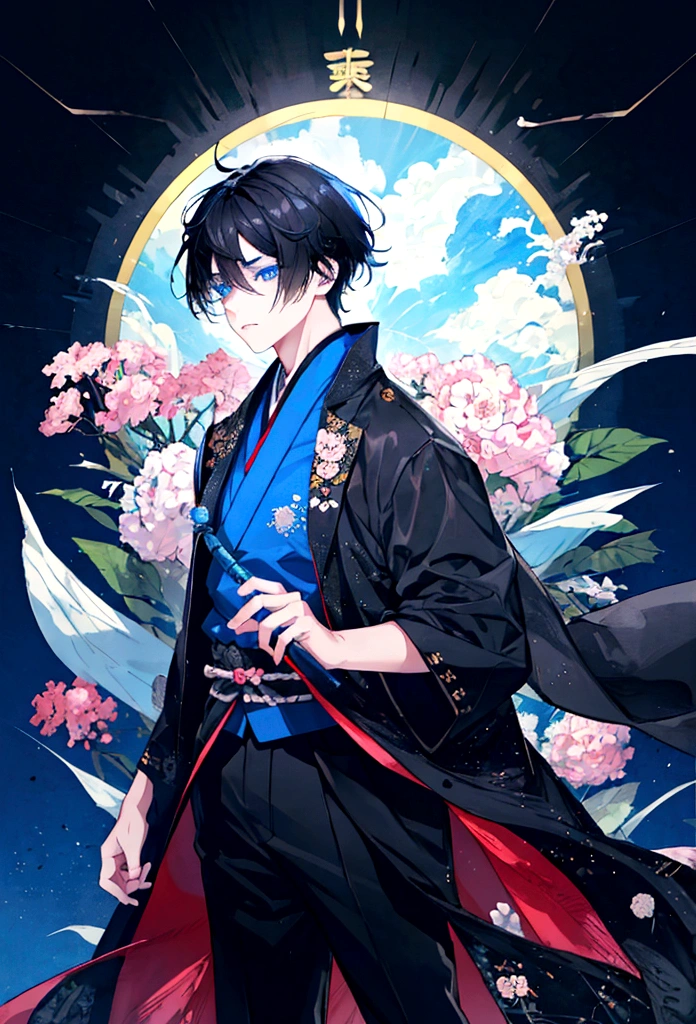 a teenage boy with black hair the size of Izana&#39;s hair from Tokyo Revengers, with blue eyes and wearing a Japanese  and at school,anime styling