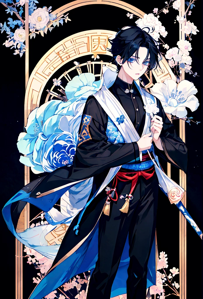 a boy with black hair the size of Izana's hair from Tokyo Revengers, with blue eyes and wearing a Japanese and at school,anime styling