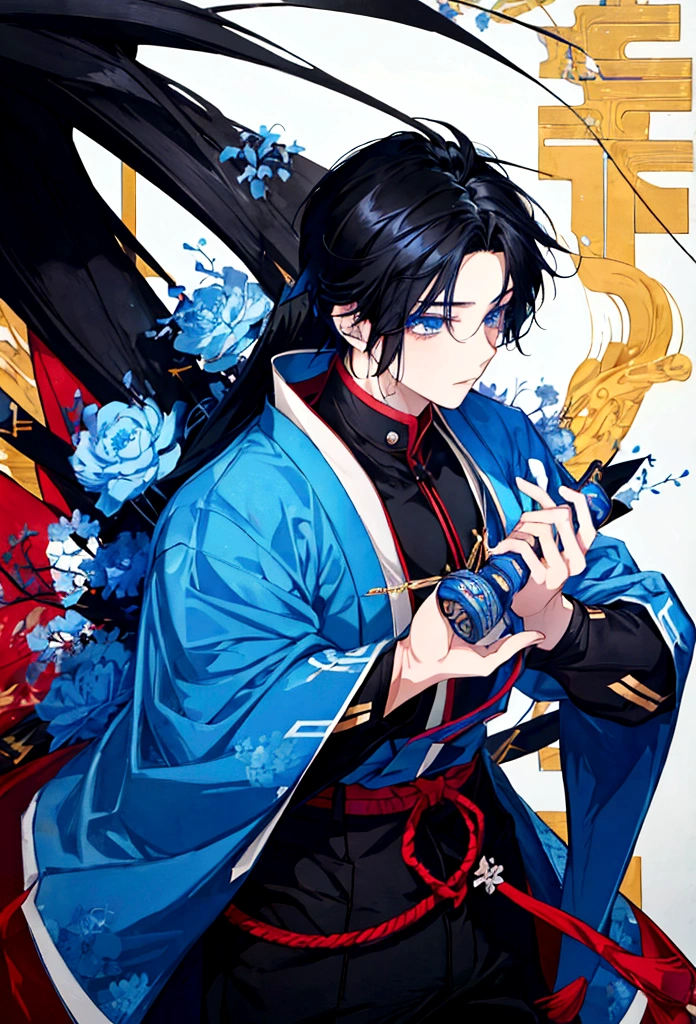 a teenage boy with black hair the size of Izana's hair from Tokyo Revengers, with blue eyes and wearing a Japanese and at school,anime styling