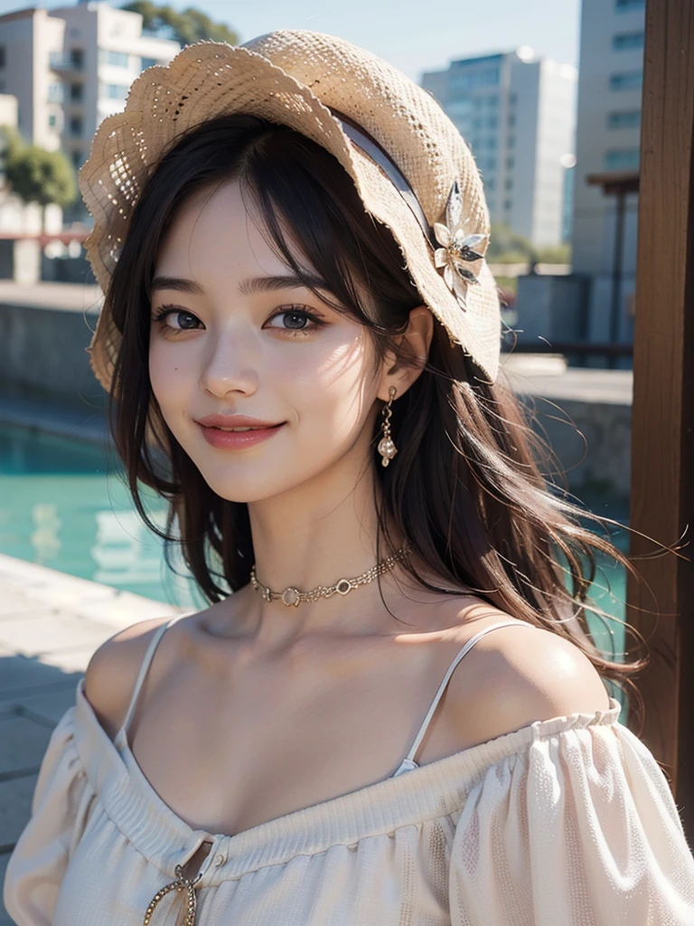 best quality, masterpiece, ultra high res, photorealistic, 1girl, offshoulder, smile