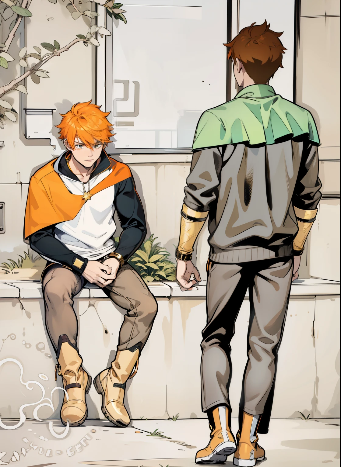 There are two 16 year olds, one sitting with orange hair and the other walking towards him., They both have superhero costumes, they have golden superhero boots, they are slim but athletic. , Her bracelets and boots are gilded with gold