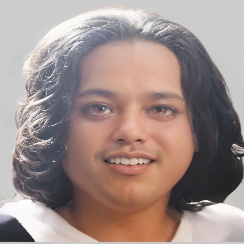 Create an image of a 30 year old indonesian man with long, wavy, black hair. The face is oval-shaped with full cheeks. The eyebrows are thick, black, and slightly arched. The eyes are almond-shaped and dark brown. The nose is medium-sized and straight. The lips are pink and symmetrical, with the mouth slightly open showing neat teeth.