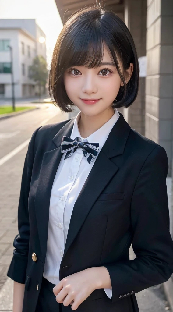 (top-quality,8K picture quality,masterpiece:1.3),(超A high resolution,Photorealsitic:1.4,Raw photography),(ultra-detailliert,Caustics,Detailed background),(Ultra-realistic capture,Beautifully detailed skin,perfect anatomia),at the sunset,Sunset sky,school buildings,school ground,18year old,kawaii,Single eyelid,Black hair short bob,School Blazer Uniform,Looking at the camera,A smile,Bust-up shot,natural soft light
