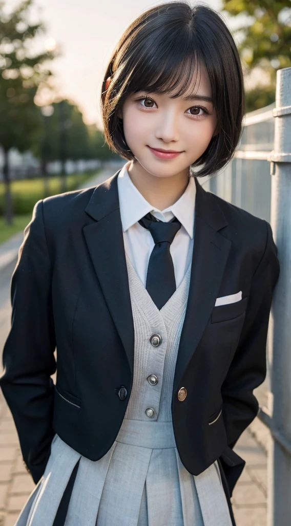 (top-quality,8K picture quality,masterpiece:1.3),(超A high resolution,Photorealsitic:1.4,Raw photography),(ultra-detailliert,Caustics,Detailed background),(Ultra-realistic capture,Beautifully detailed skin,perfect anatomia),at the sunset,Sunset sky,school buildings,school ground,18year old,kawaii,Single eyelid,Black hair short bob,School Blazer Uniform,Looking at the camera,A smile,Bust-up shot,natural soft light