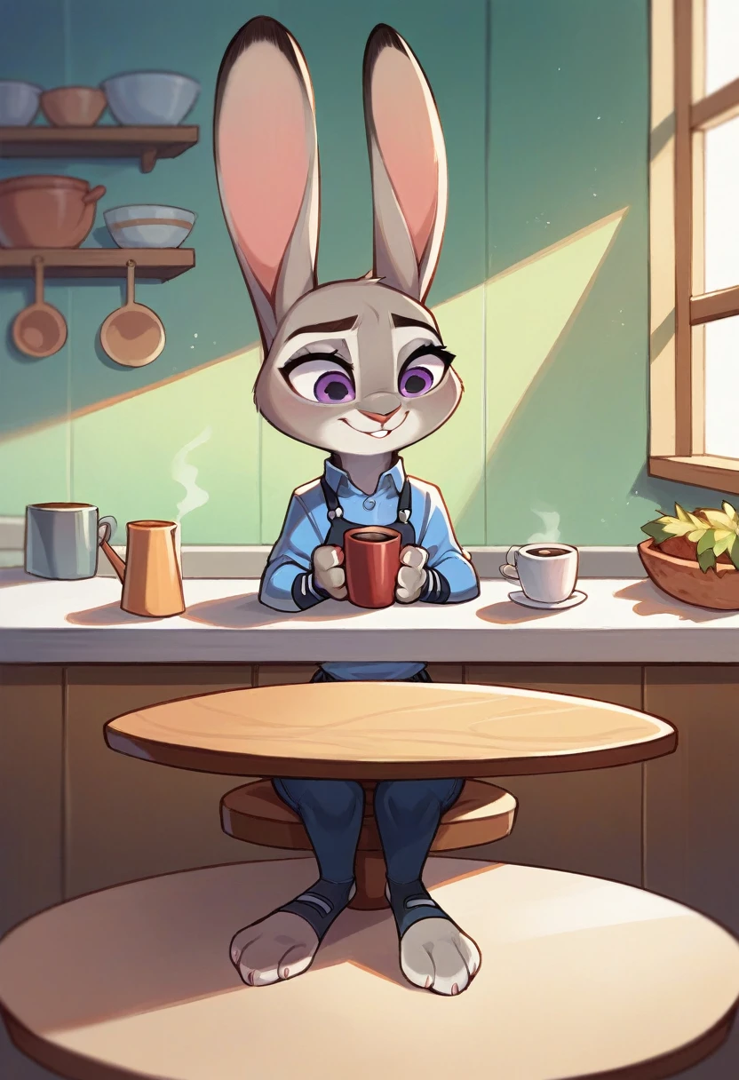 Judy Hopps from Zootopia in underwear sitting at a kitchen table in the morning holding a cup of coffee 