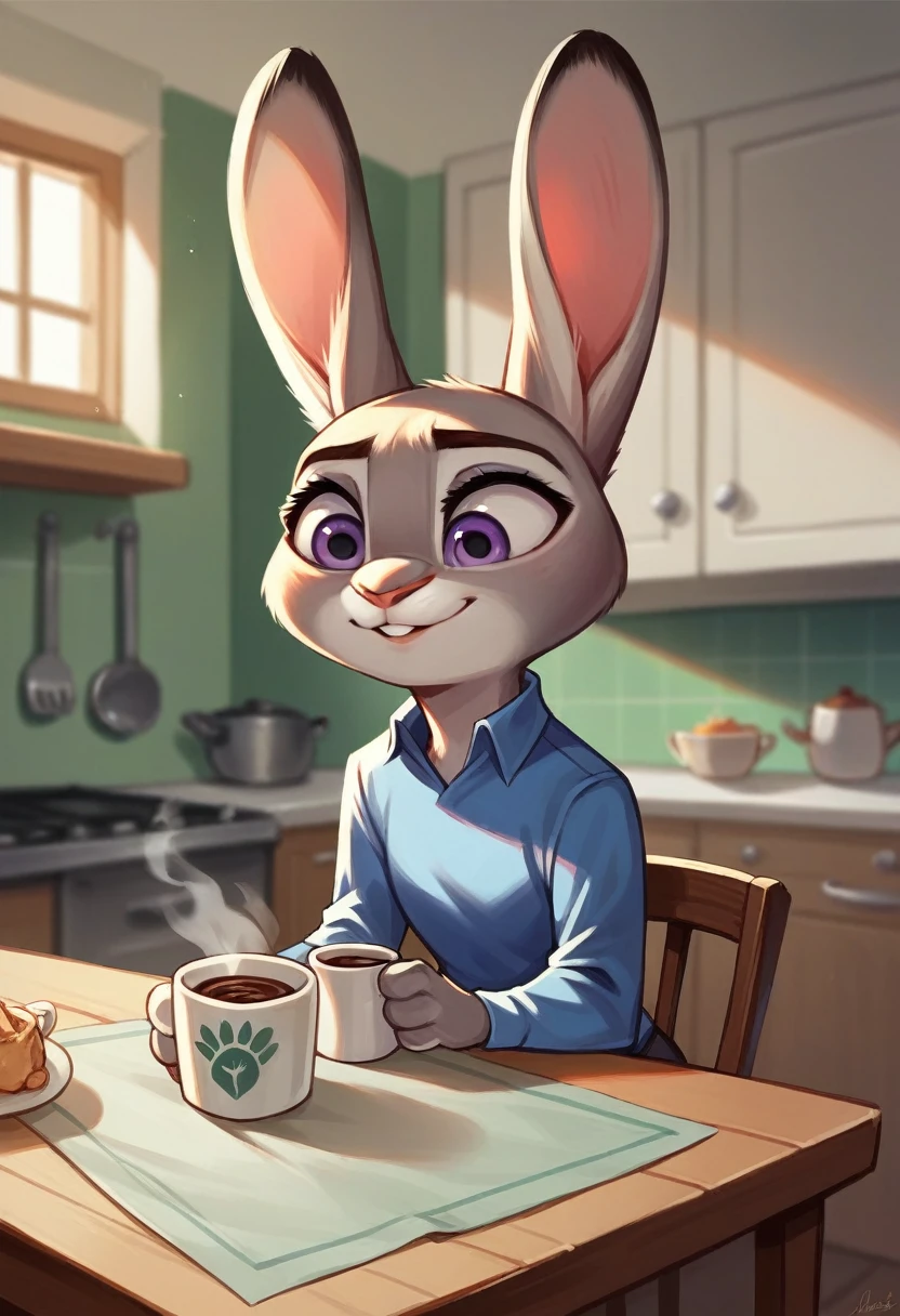 Judy Hopps from Zootopia in underwear sitting at a kitchen table in the morning holding a cup of coffee 