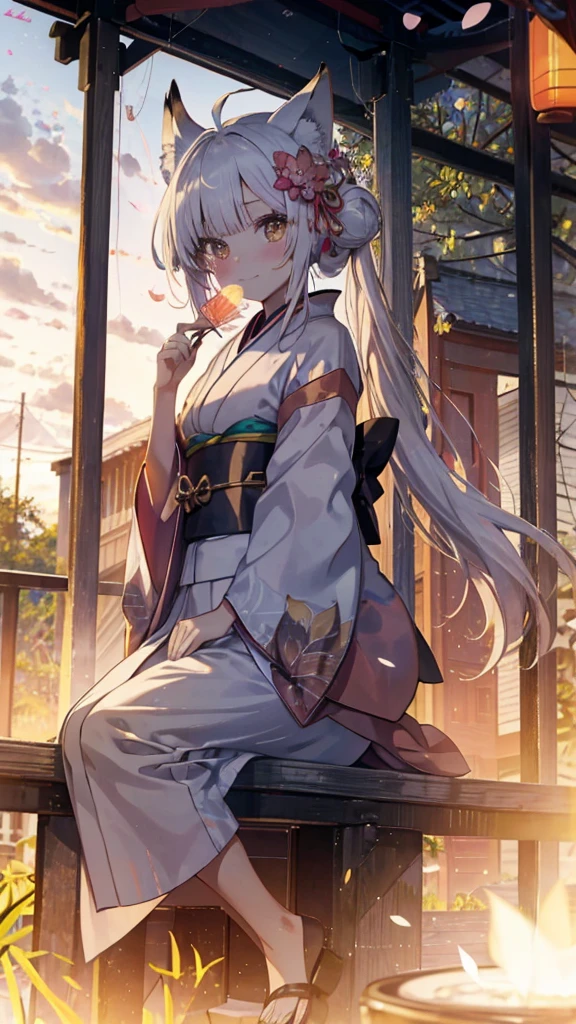 （dark skin,Silver Hair,Fox Girl）,(Perfectly detailed face),(Young) ,((kimono)),((loincloth)),shrine,noon,sweaty,Smirk,High resolution, masterpiece, Highest quality, High resolution, Cowboy Shot