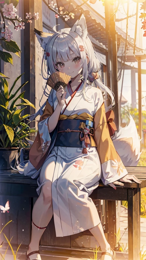 2D animation style,FOX 1girl,fox ears,tsurime,glowing yellow eyes,(from below,full body,head tilt:1.1),(motion lines,tail wagging,Lots of fox tails:1.1),(kimono[white:0.6|Red line:0.8|Yellow butterfly pattern:0.8]),(hold folding Japanese hand fan in front of your face),(Happy,smirk,nose blush:1.1),(sitting sideways:1.1),(White hair,blunt bangs,very long hair,straight hair,extra long sideburns,ahoge:1.2),straw-matted room,shoji,sunlight,cherry tree,flurry of falling cherry blossoms,Japanese rice wine
BREAK
Oiran makeup,pink beige lip,pink eyeshadow,false eyelashes,blush_sticker,(tattoo on face)
BREAK
masterpiece, best quality, detailed, Beautiful eyes,hyper detailed,ultra-detailed face