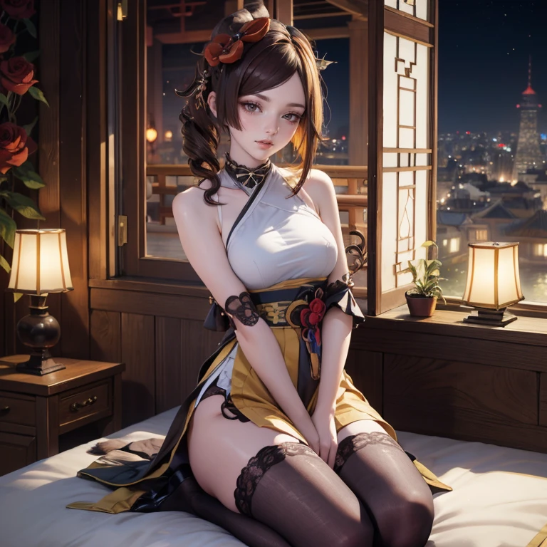 Chiori_(genshin impact), white roses, ornament hair, brown hair, flowing hair, maid, maid dress, maid headdress, maid apron, white apron, white headdress, perfectly body, perfectly hands, long hair, seat on a bed, chinese home style, oriental architecture, gold lantern, white dress, more details on her clothes, golden details, night, smiling, Chinese home style, two legs, two arms, two hands, five fingers, maid, maid dress,