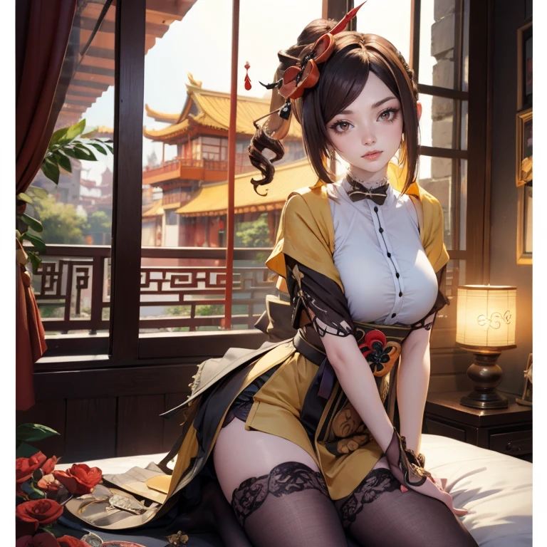 Chiori_(genshin impact), white roses, ornament hair, brown hair, flowing hair, maid, maid dress, maid headdress, maid apron, white apron, white headdress, perfectly body, perfectly hands, long hair, seat on a bed, chinese home style, oriental architecture, gold lantern, white dress, more details on her clothes, golden details, night, smiling, Chinese home style, two legs, two arms, two hands, five fingers, maid, maid dress,