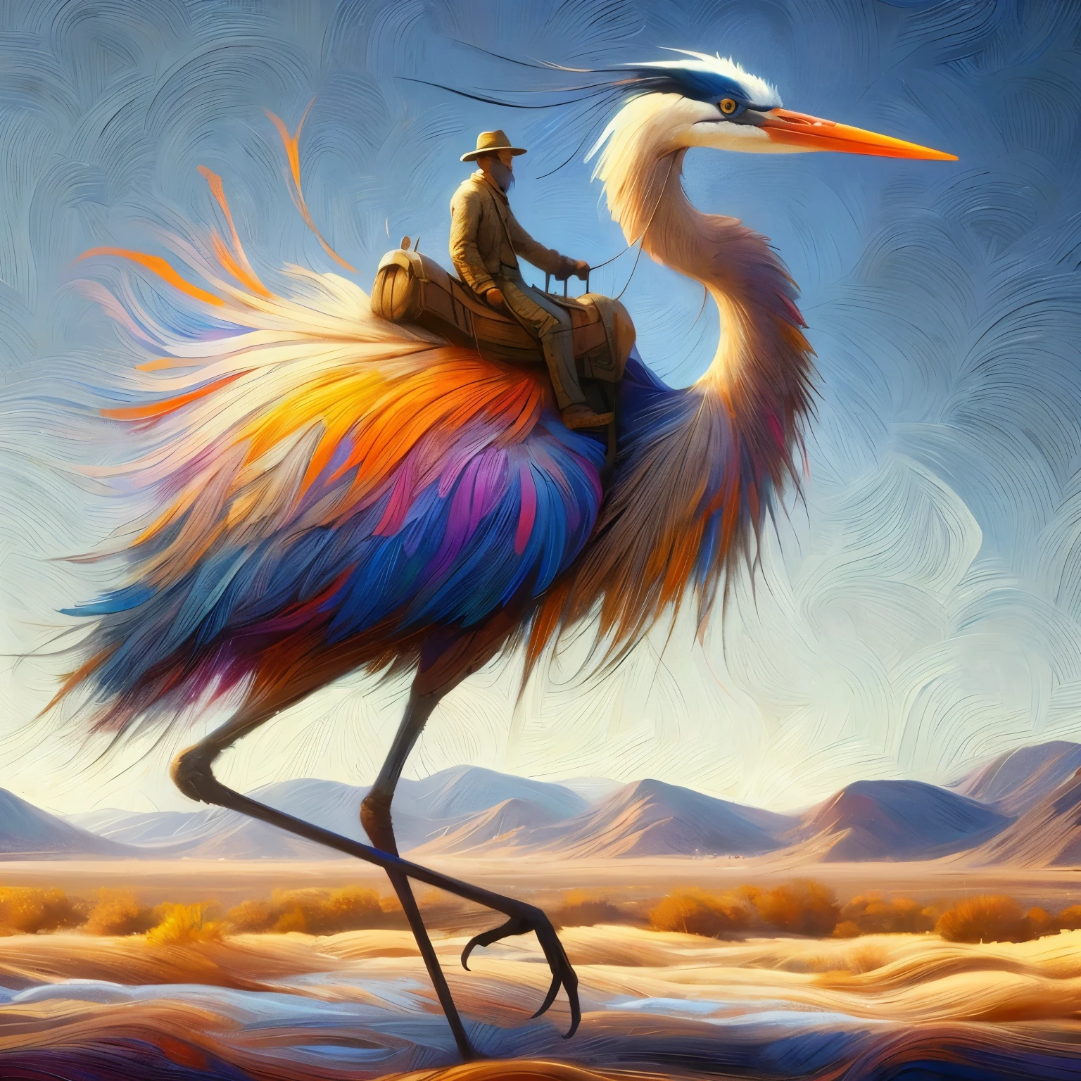 create a main character an large tall two legged bird carrying a man on its back, two leg bird similar to the great blue heron, a swirled feathered bird with many varied colors some intense some light, an alien species, the bird is saddled, the bird has only two legs, bird only has two legs, in a beautiful flat desert landscape of a 3d video game vista, dynamic pose, riding a giant tall blue heron bird, Jean Giraud, extreme long shot, in splash impressionist art style, the main character wears a long yellow tan trench coat with hood and tinted goggles, endless miles of blowing sand dunes, riders in the far distance, blue skies with billowing white clouds pink tinged, blowing boiling swirling wind, blowing leaves of grass, dark yellow and azure, majestic, sweeping seascapes, photorealistic representation, graceful balance, wimmelbilder, Andrew Wyeth, orange, Leaves of Grass, in the art style of Jean Giraud, flynnrider