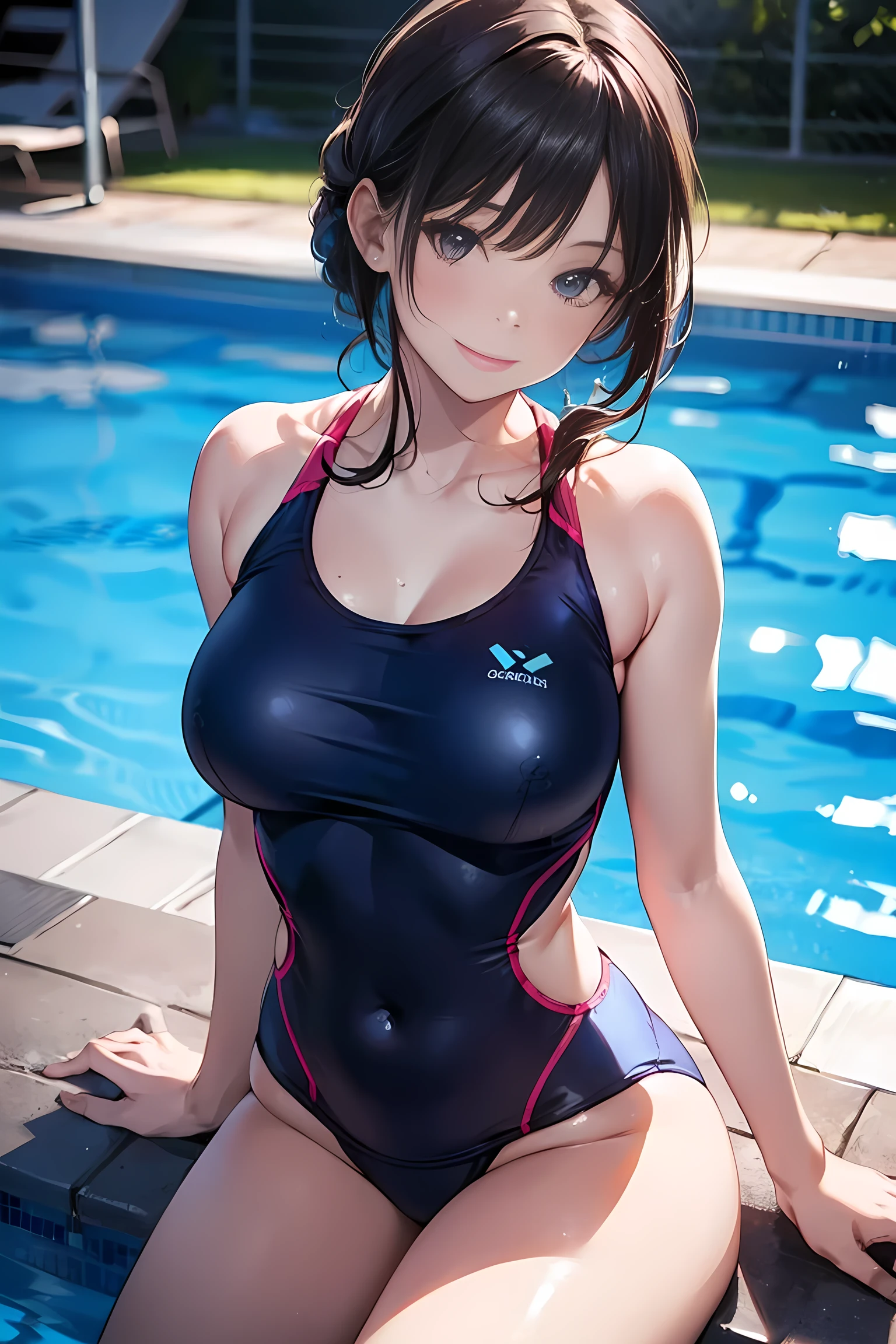 masterpiece, (realistic, photo realistic:1.2), (highest quality), extremely fine and beautiful, beautiful face details, real human skin, realistic, photorealistic, Complete limbs. Ultra-high resolution, Bright light, Slender beauty, smile, Wearing a shiny school swimsuit, Glowing Skin. Tiny breasts, pool