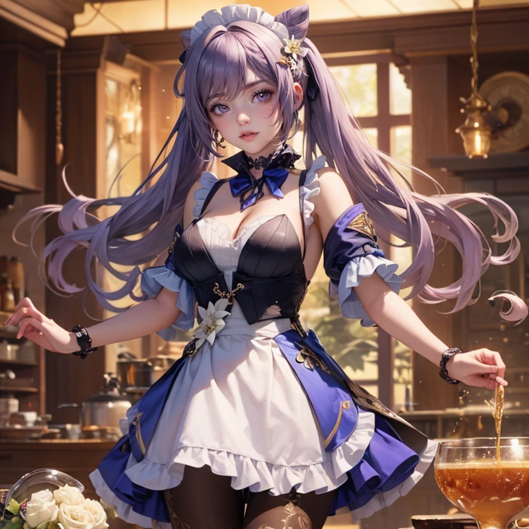 1girl, white roses, ornament hair, white roses on her hair, perfectly body, perfectly hands, lilac hair, long hair, wave hair, long hair, ornament hair, long hair, Looking at the viewer, flowing hair, Beautiful Eyes, Plump and glossy lips, maid, maid dress, maid headdress, maid apron, white dress with too many frills, white dress, blue laces, white Short skirt, Drape clothes, lilac gem, Lace trim, kitchen, luxury details, gold jewelry, more details, best quality, Big sparkling eyes, blushing, lilac Striped Lace Stockings, lilac skirt, sparkle, solo, centered girl, cowboy shot, perfectly body, perfectly hands, two arms, two legs, two hands, five fingers, perfect anatomy, glowing hair, white roses, maid, maid dress, dress, solo, flowing hair, floating hair, ornament hair, perfectly body, perfectly hands, on the kitchen, sparkles, more details on her clothes, white dress with transparency, golden details on her dress, night, tray with juice, ((4k, masterpiece, top-quality)), 8k, best quality, high resolution, UHD, (illustration:0.8), super cute girl, delicate and beautiful face, mature super cute hairstyle, (beautiful detailed eyes:1.6), extremely detailed face, perfect lighting, extremely detailed CG, (perfect hands, perfect anatomy), Best quality, cleavage, smt, full Body, two arms, two legs, two hands, five fingers