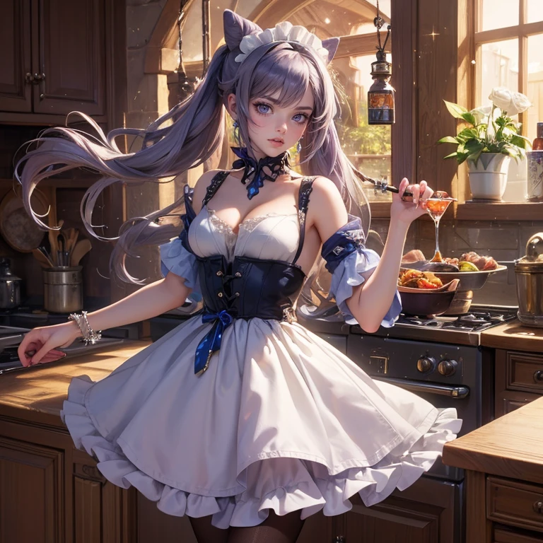 1girl, white roses, ornament hair, white roses on her hair, perfectly body, perfectly hands, lilac hair, long hair, wave hair, long hair, ornament hair, long hair, Looking at the viewer, flowing hair, Beautiful Eyes, Plump and glossy lips, maid, maid dress, maid headdress, maid apron, white dress with too many frills, white dress, blue laces, white Short skirt, Drape clothes, lilac gem, Lace trim, kitchen, luxury details, gold jewelry, more details, best quality, Big sparkling eyes, blushing, lilac Striped Lace Stockings, lilac Lolita skirt, sparkle, solo, centered girl, cowboy shot, perfectly body, perfectly hands, two arms, two legs, two hands, five fingers, perfect anatomy, glowing hair, white roses, maid, maid dress, dress, solo, flowing hair, floating hair, ornament hair, perfectly body, perfectly hands, on the kitchen, sparkles, more details on her clothes, white dress with transparency, golden details on her dress, night, tray with juice, ((4k, masterpiece, top-quality)), 8k, best quality, high resolution, UHD, (illustration:0.8), super cute girl, delicate and beautiful face, mature girl, super cute hairstyle, (beautiful detailed eyes:1.6), extremely detailed face, perfect lighting, extremely detailed CG, (perfect hands, perfect anatomy), Best quality, cleavage, small skirt, full Body, two arms, two legs, two hands, five fingers