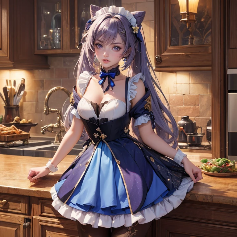 1girl, white roses, ornament hair, white roses on her hair, perfectly body, perfectly hands, lilac hair, long hair, wave hair, long hair, ornament hair, long hair, Looking at the viewer, flowing hair, Beautiful Eyes, Plump and glossy lips, maid, maid dress, maid headdress, maid apron, white dress with too many frills, white dress, blue laces, white Short skirt, Drape clothes, lilac gem, Lace trim, kitchen, luxury details, gold jewelry, more details, best quality, Big sparkling eyes, blushing, lilac Striped Lace Stockings, lilac Lolita skirt, sparkle, solo, centered girl, cowboy shot, perfectly body, perfectly hands, two arms, two legs, two hands, five fingers, perfect anatomy, glowing hair, white roses, maid, maid dress, dress, solo, flowing hair, floating hair, ornament hair, perfectly body, perfectly hands, on the kitchen, sparkles, more details on her clothes, white dress with transparency, golden details on her dress, night, tray with juice, ((4k, masterpiece, top-quality)), 8k, best quality, high resolution, UHD, (illustration:0.8), super cute girl, delicate and beautiful face, mature girl, super cute hairstyle, (beautiful detailed eyes:1.6), extremely detailed face, perfect lighting, extremely detailed CG, (perfect hands, perfect anatomy), Best quality, cleavage, small skirt, full Body, two arms, two legs, two hands, five fingers