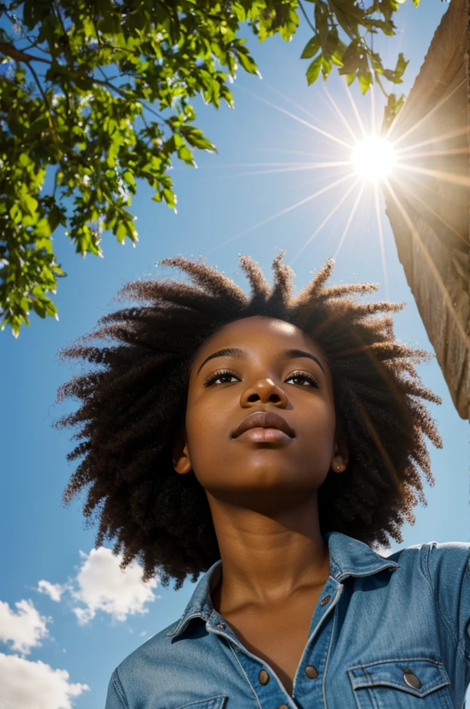 African American girl reflecting alone and looking up at the sun