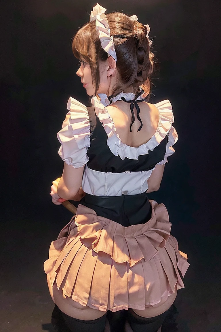 Highest quality, Super detailed, High resolution, 8K images)Brown Hair, Great face and eyes, Pink Eyes, Captivating smile, (Frilled maid cafe costume, Pleated mini skirt:1.5), (Wide open maid cafe costume:1.2), Exposed breasts, (Amazingly beautiful girl), Brown Hair, Fashionable hair ornaments(((Show me your asshole 1:3)), (((Stick your butt out))),(Squat with legs apart), Fine and beautiful eyes,Perfect Proportions,(Overflowing big),(A full-body shot from behind), Very beautiful and cute girl,22 years old ,(anime),Kamimei, Pitch black background,(Solid black background)