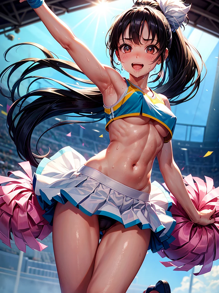 Highest quality,Highest Resolution,Beautiful smiling girl cheerleader holding pom-poms,Sweat flying,Big eyes,Belly button,Underwear that becomes transparent due to sweat,Black hair ponytail,Abdominal muscles,Diagonally below,Arena,support,Outdoor,Sunshine,Open your mouth and drool,Dripping a lot of saliva,