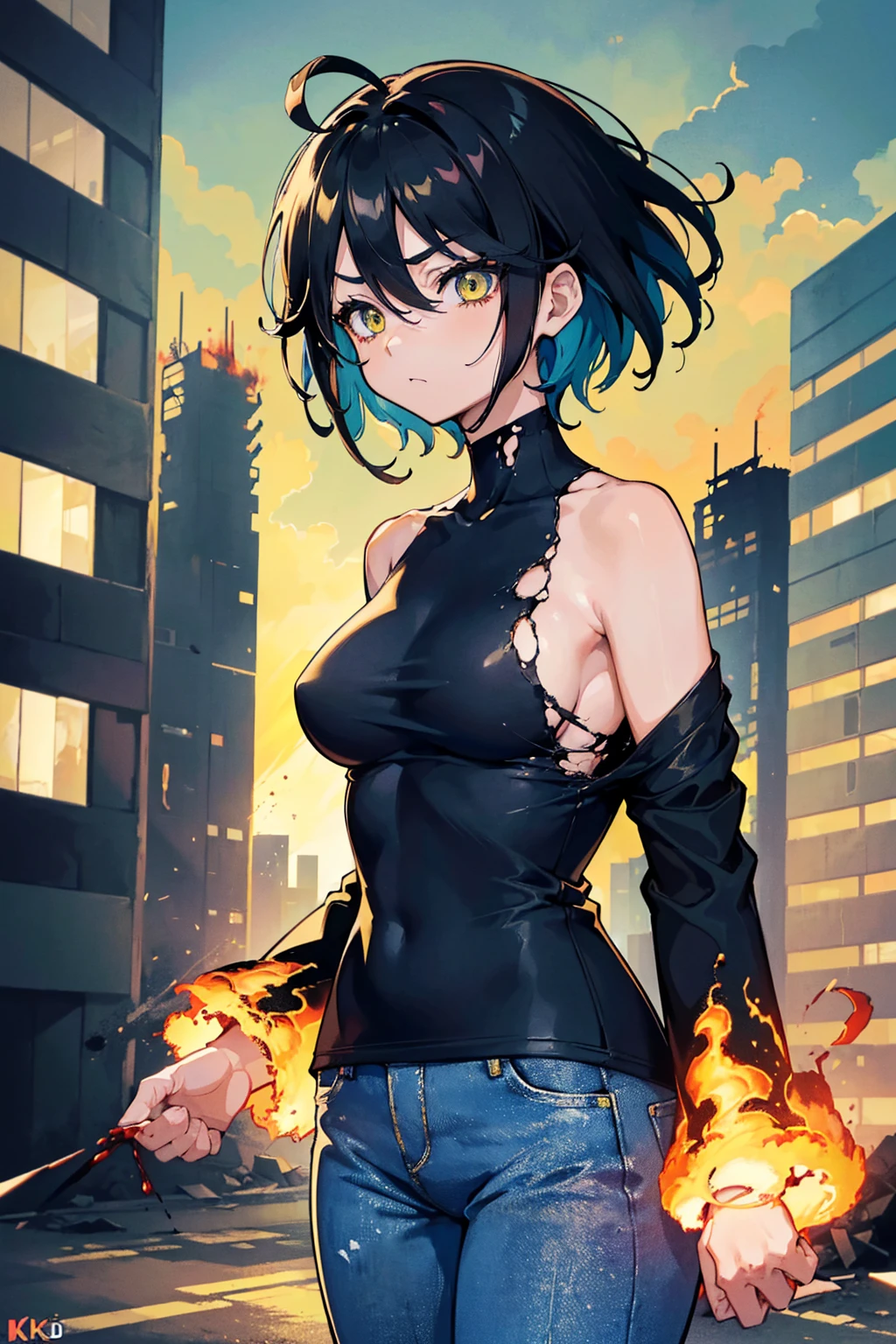 ((1 GIRL)) ((2d anime girl)), ((Japanese)) (( physically mature female)) (( average sized breasts)), 25-year-old, ((2d anime girl)), ((short dark-haired)), ((windswept hair)) ((ultra high quality))((flawless))((4k UHD)) ((Best Quality)) ((Daytime)) ((eyes glowing yellow )), wearing a ((black long sleeve shoulderless, blank T-shirt))((no logo)) wearing ((blue jeans)) and black and yellow sneakers with (((blood splattered))) on it and her face, standing in the street ((facing front and center toward the camera)) in a ((ruined city)) filled with ((heavily damaged)) and worn (( tall skyscrapers with gaping holes in their structures while on fire)) and ((crushed vehicles on fire)) and small and ((raging fires all around)) and an ((intimidating)) look on her face, with a giant monster kaiju-beast in the distance looking furocious.