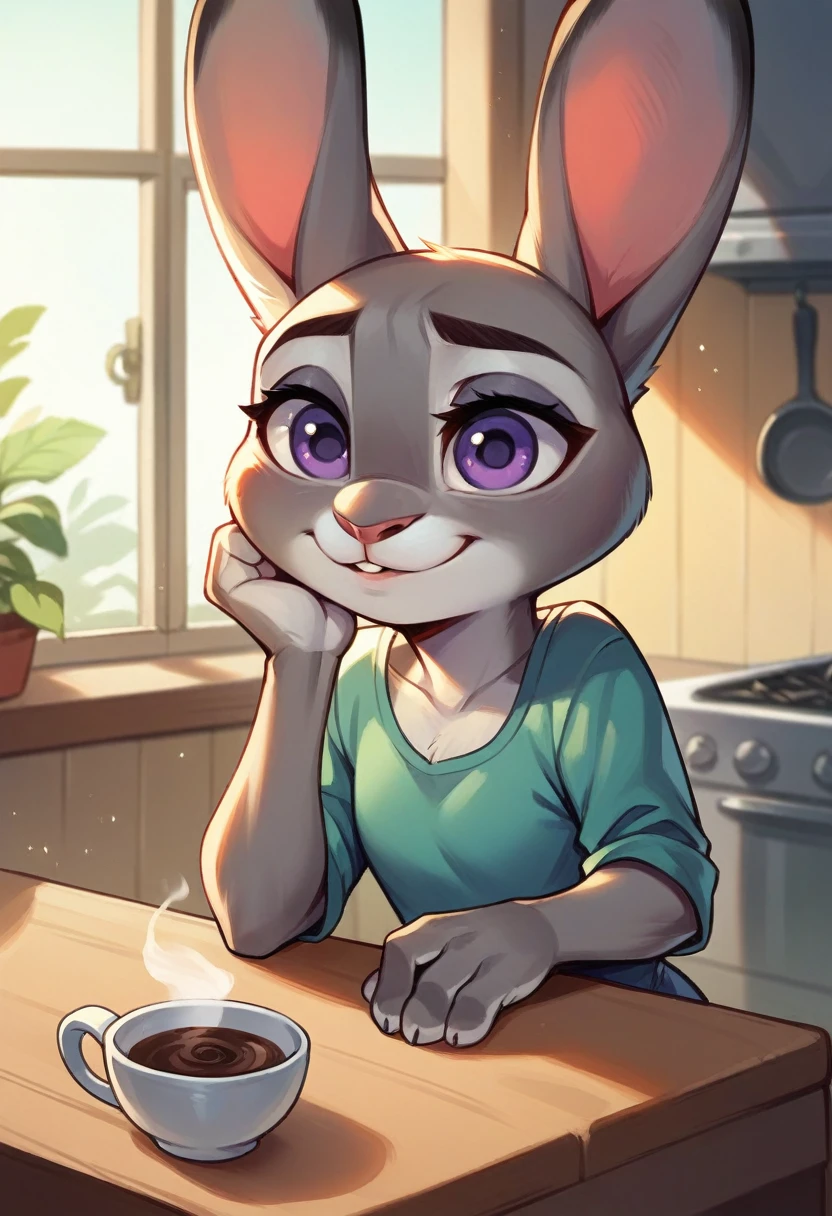 Judy Hopps from Zootopia in her underwear, sitting at a kitchen table in the morning holding a cup of coffee