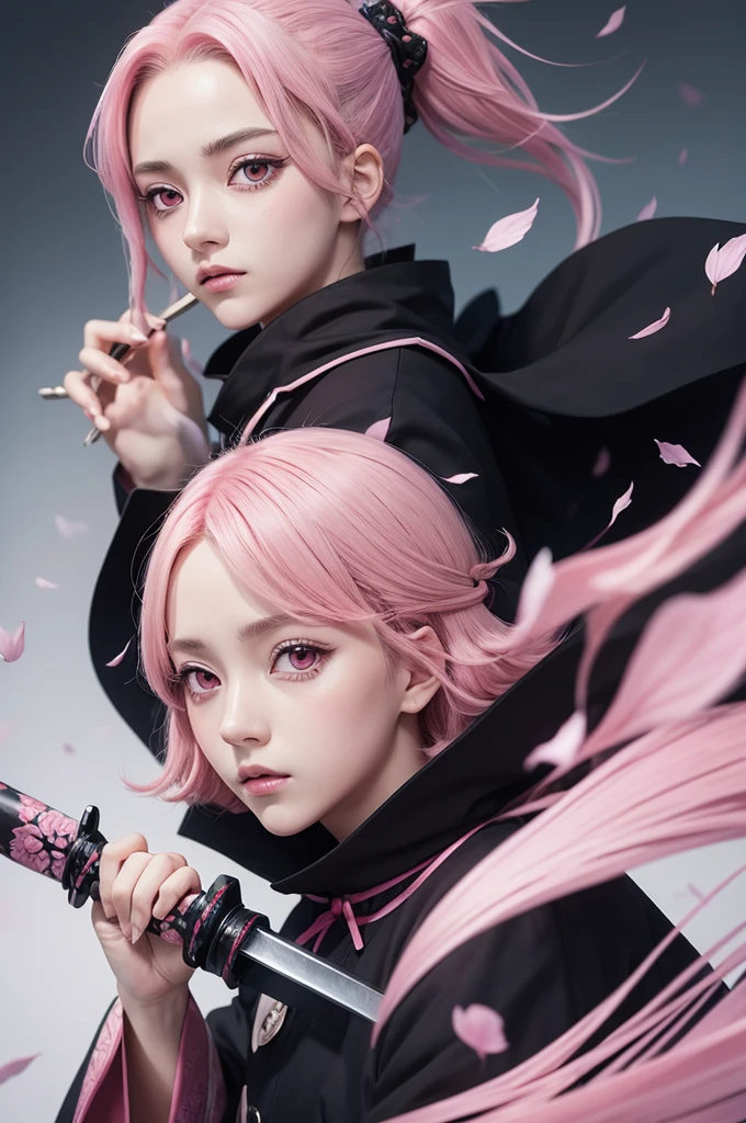 Criar manga kimetsu no yaiba, woman with light pink hair and dark pink eyes with petal sword