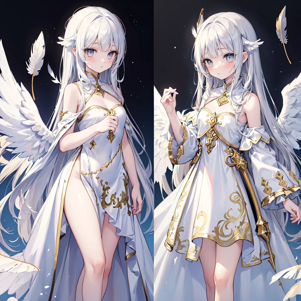 (((masterpiece, high quality))), One girl, Angel Girl, (((wing))), Winter grey eyes, (Gold and white feather), Celestial, Demon Realm Background, (((Two Tone Split Hair Color))), ((Very long curly hair)), Angel Dress