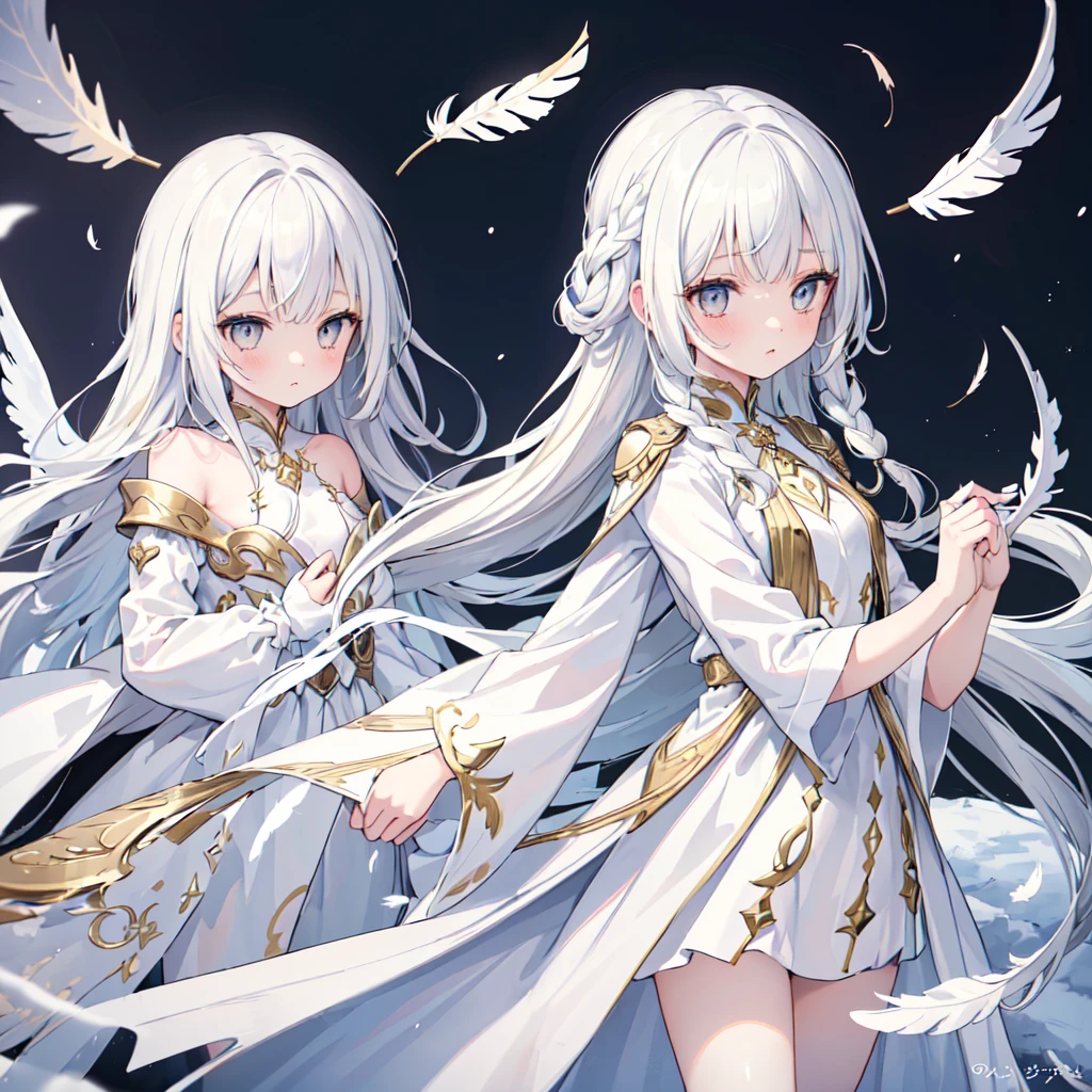 (((masterpiece, high quality))), One girl, Angel Girl, (((wing))), Winter grey eyes, (Gold and white feather), Celestial, Demon Realm Background, (((Two Tone Split Hair Color))), ((Very long curly hair)), Angel Dress