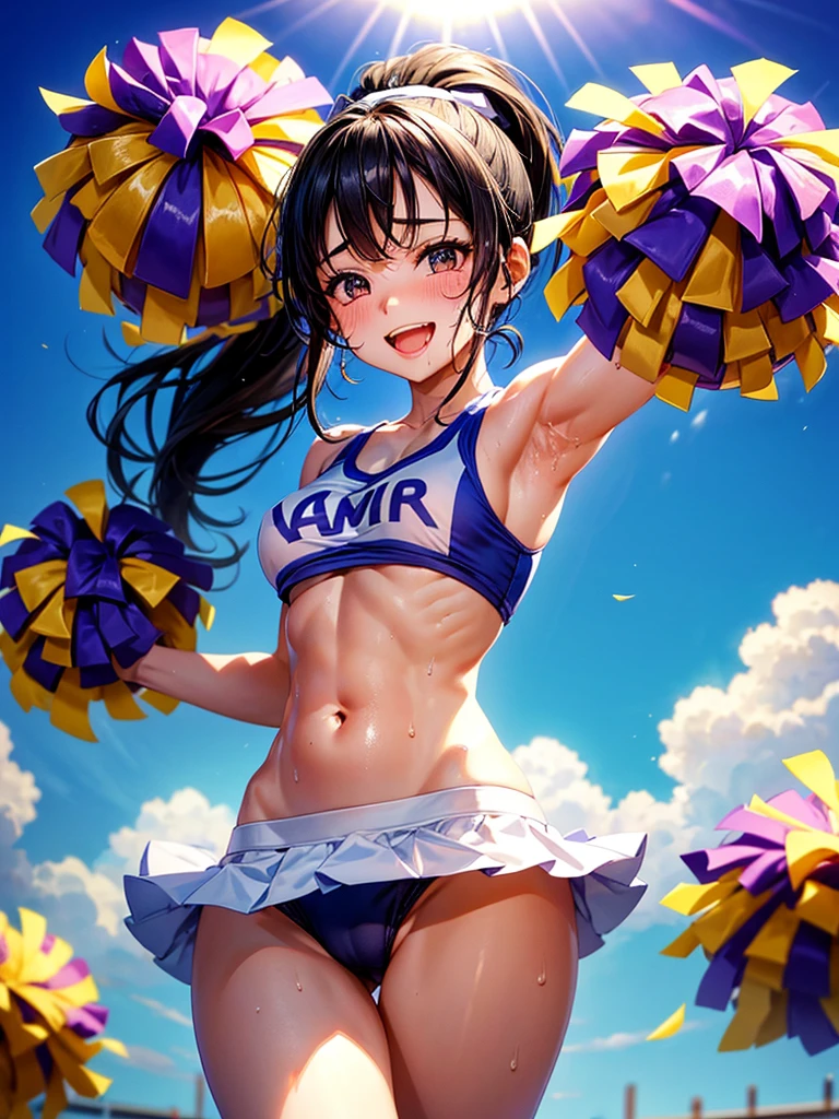 Highest quality,Highest Resolution,Beautiful smiling girl cheerleader holding pom-poms,Sweat flying,Big eyes,Belly button,Underwear that becomes transparent due to sweat,Black hair ponytail,Abdominal muscles,Diagonally below,Arena,support,Outdoor,Sunshine,Open your mouth and drool,Dripping a lot of saliva,