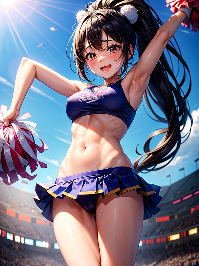 Highest quality,Highest Resolution,Beautiful smiling girl cheerleader holding pom-poms,Sweat flying,Big eyes,Belly button,Underwear that becomes transparent due to sweat,Black hair ponytail,Abdominal muscles,Diagonally below,Arena,support,Outdoor,Sunshine,Open your mouth and drool,Dripping a lot of saliva,