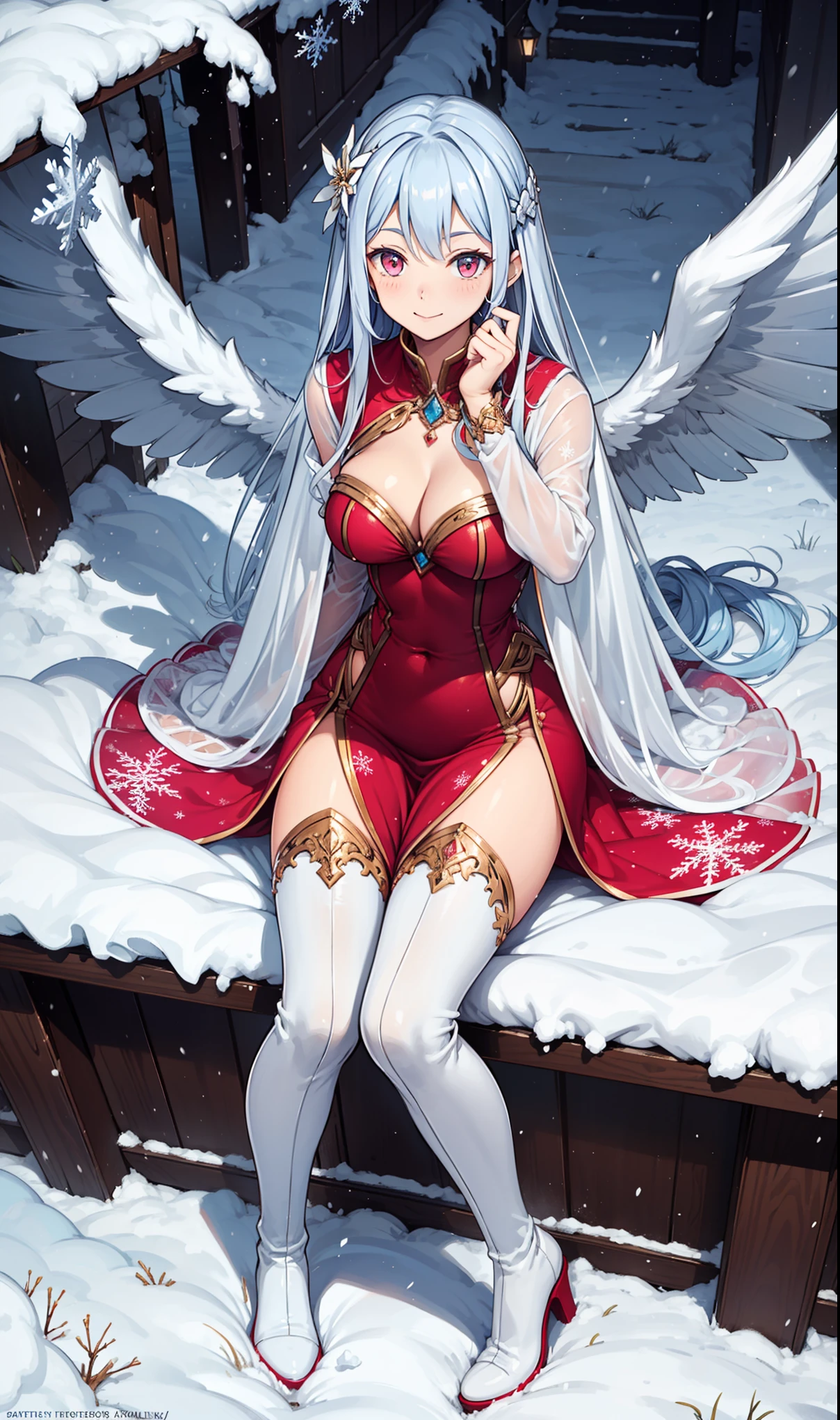 girl,Smile,in love,Moderate,(Pink tight long dress),Semi-sheer long sleeves,Saint,Beautiful pattern,Sky blue pattern,snowy night,Transparent lace,Dress nicely,Sitting,The only one,Mythical courtyard,(night:1.1),Blizzard,(Snowflakes flying),(Black over the knee boots:1.1),Delicate and beautiful face,Sitting,Playing in the snow,Red Eyes, Frosty white hair,solemn