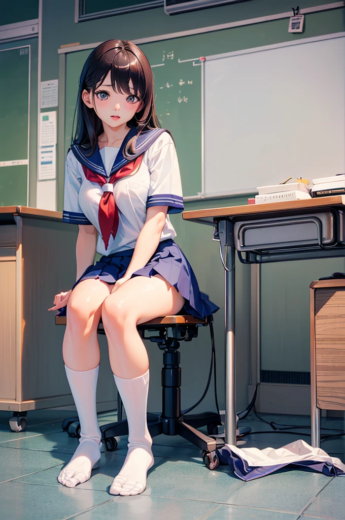 komiShouko, masterpiece, best quality, absurdres, 1girl, looking at viewer, v arms, pantyhose, classroom, school uniform, red skirt, red bow, blazer, window, sitting, chair, crowd,crossing legs,medium thighs.