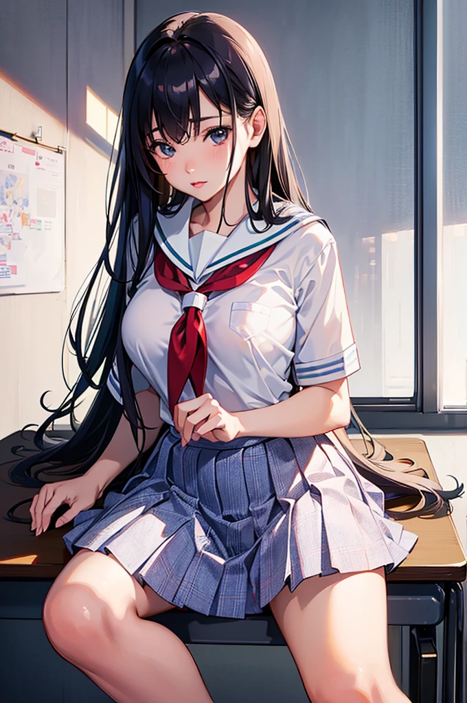 Tabletop, highest quality, Japanese girl, 8k, RAW Photos, highest quality, Tabletop, Hmph:1.2, Highly detailed RAW color photos, Professional Photos, (Realistic, Realistic:1.37), (Highly detailed skins:1.2), Ultra-high resolution, (Lenz 50mm), (Tabletop, highest quality:1.3), (Ultra detailed 8k cg:1.2), (Super realistic:1.35), (Realistic:1.45), (Realistic:1.4), Cowboy Shot, A beautiful Japanese woman, 22 years old, Supermodel, Japanese Idols, __Performance__, Big Breasts, (sitting on desk:1.1), (school uniform:1.4), (Spread your legs:1.2), (School classroom background:1.1)、Korean Idol、Nogizaka Idol、Gravure idol pose、adult、