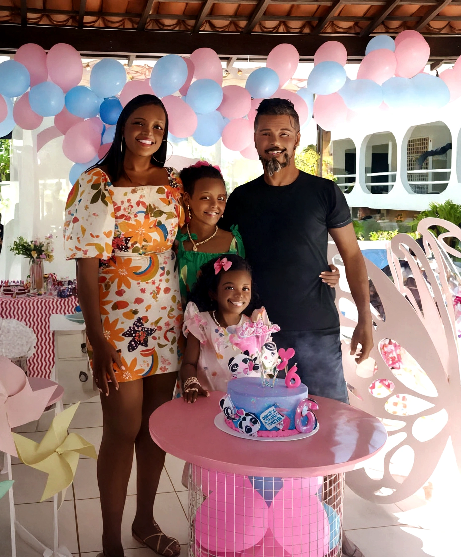 black woman smiling, man with goatee smiling, two girls smiling, party room, birthday