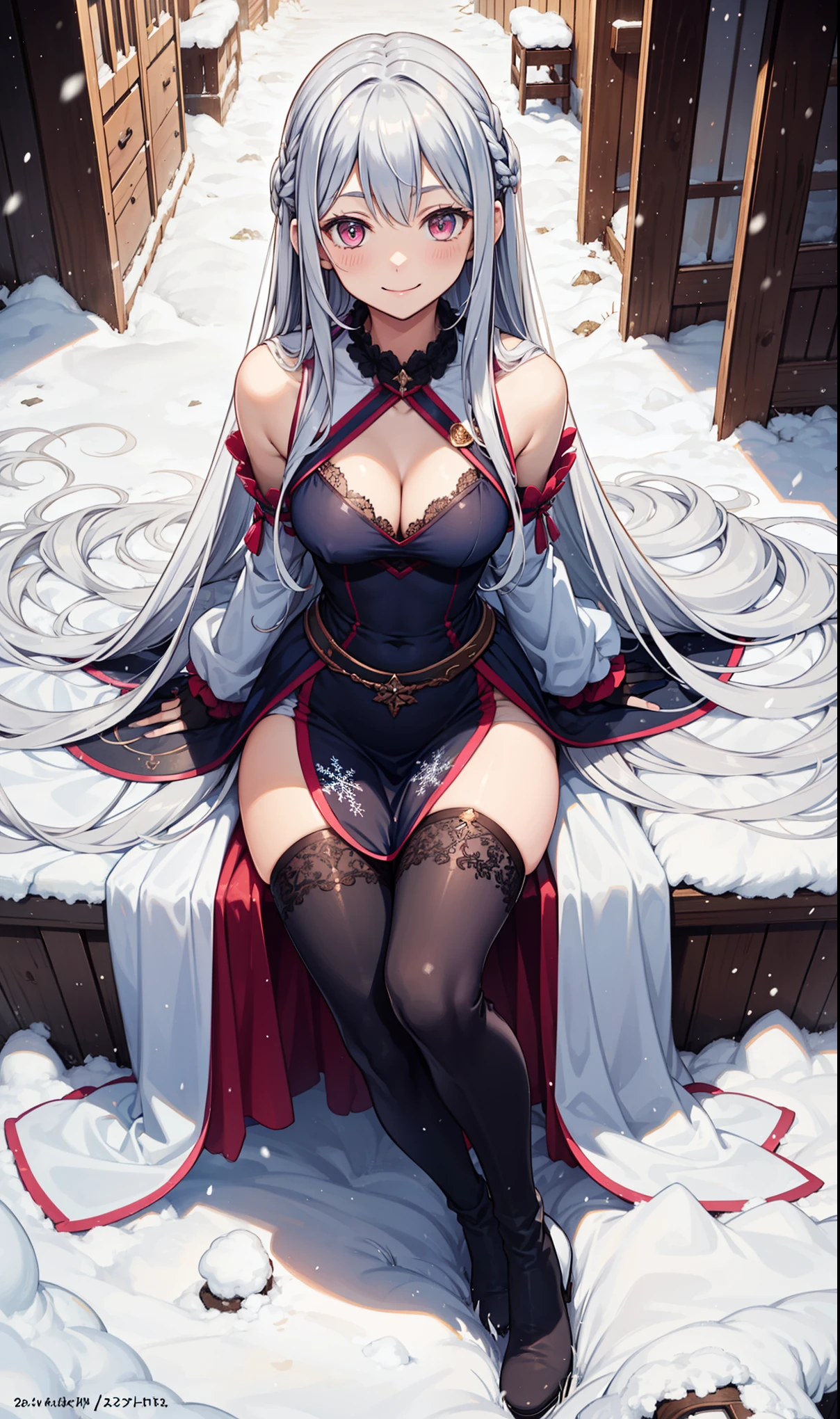 outfit-Christmas  動物の耳,White Hair, alone,Christmas tree, gift,blue legwear,Christmas, blush, fake animal ears, Earrings, smile, Sitting, Knee-high socks、garter belt、Long gloves、Showing off your crotch、With legs apart、Costumes with shoulders out、Sweaty、blush、Camel Toe、Nipples、Sex