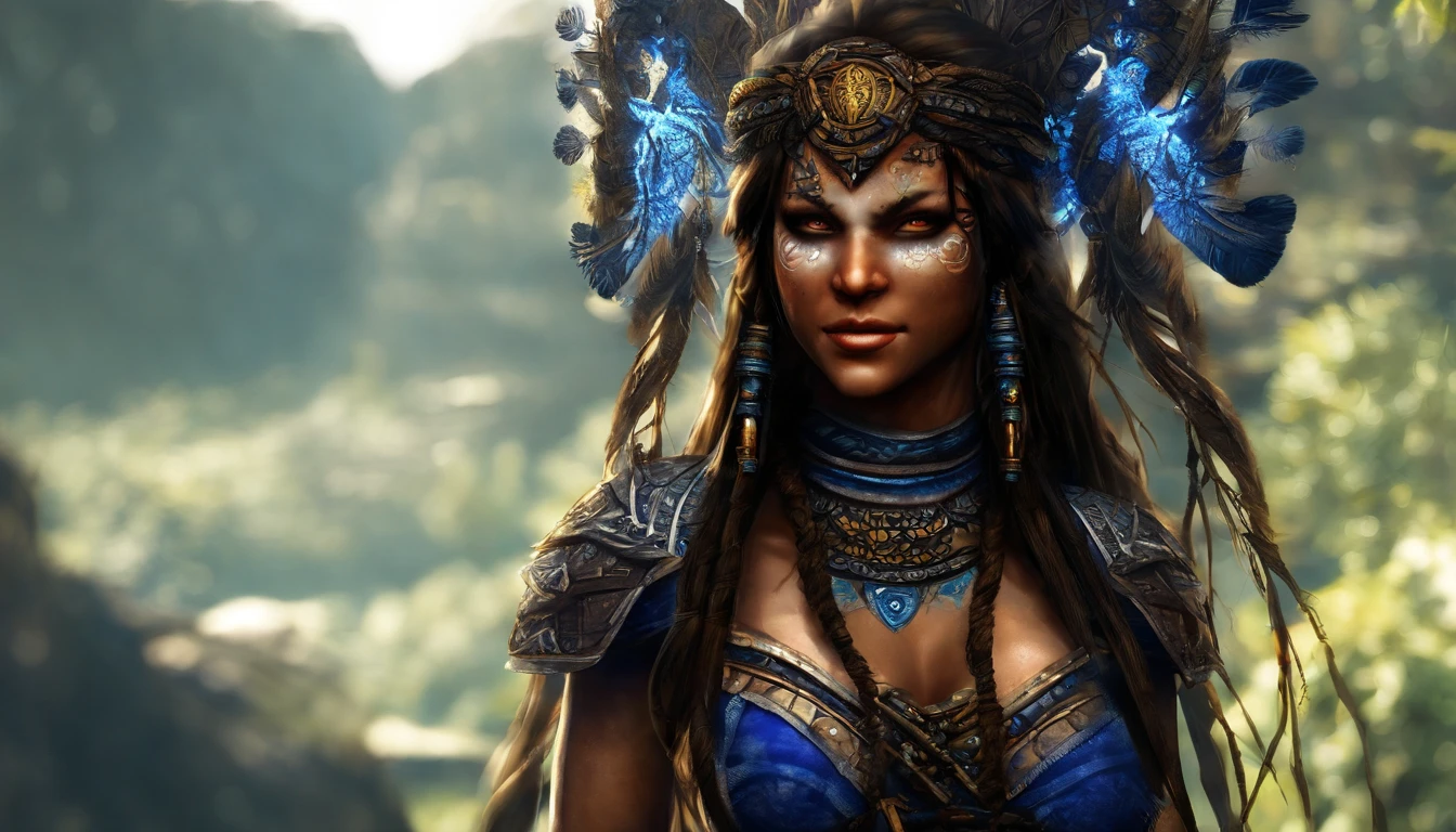 Anita the Shaman of the Nine Realms, beautiful woman, long hair, tan skin, portrait, a masterpiece, 8k resolution, dark fantasy concept art, dynamic lighting, hyperdetailed, intricately detailed, Splash screen art, trending on Artstation, deep color, Unreal Engine, volumetric lighting, purple and blue complementary colours