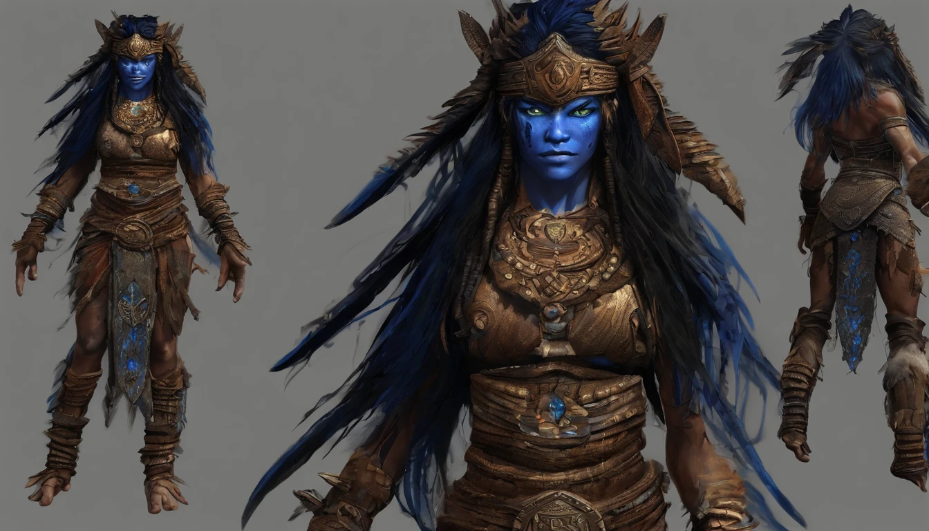cyberpunk Battlecore barbarian woman with glowing opalescent third eye, highly detailed glowing elven runes tattooed to the irises, glowing elven, Stealth skin, runes on cheeks, runes on jawline, runes on ears, runes on forehead, blue humanoid cavatar with bioluminescent avatar markings, full body, bare feet, magical technological tribal clothing, dots and patterns on its skin. Pointy elf ears. avatar like hair, hair color: black, bright sparkling blue eyes, slightly shimmering iridescent blue skin. female, warrior like, magical and mystical, detailed and realistic. Blue skin tone only. Only blue colored skin. Skin color all blue. Wide and deep scenery, dynamic scene with a sense of movement, several planes of depth, magical light with cold tones, brilliant aura. In the background, an epic view, with exuberant nature and an ancient technological city highlighted, with neon highlighting the buildings.