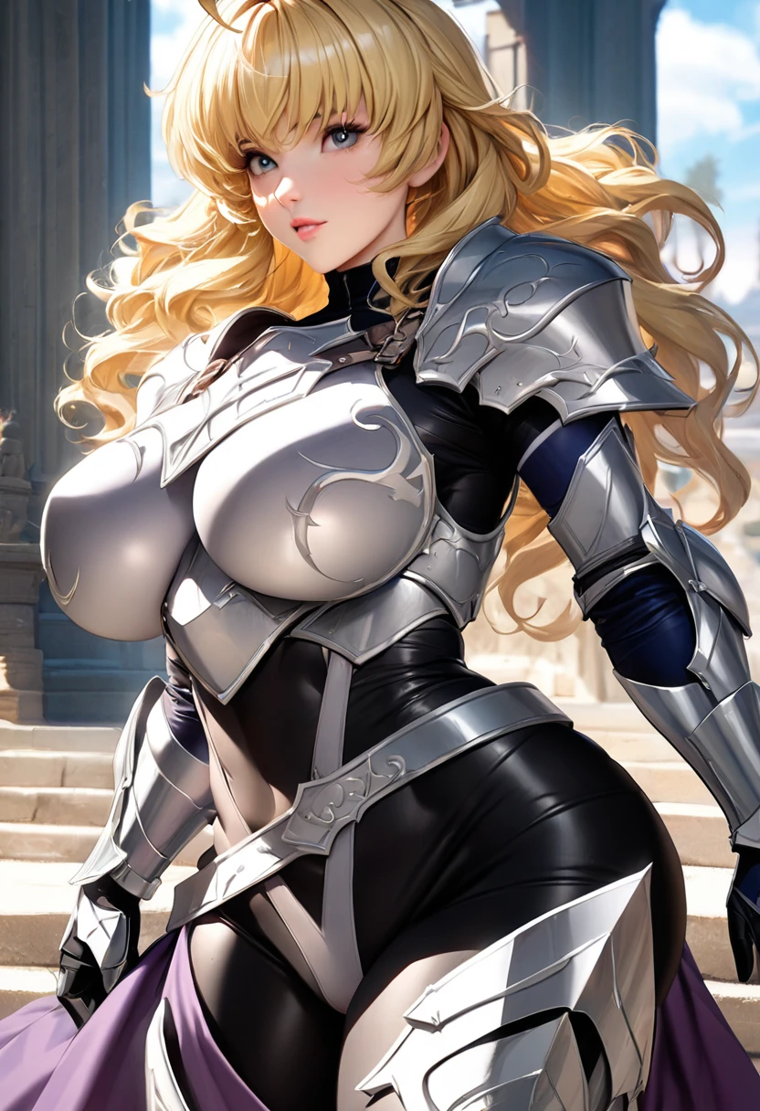 ((highest quality)), ((masterpiece)), ((hyperrealistic)), (detailed background), solo, 1girl, ((curvy: 1.2)), kawaii, ((armored dress: 1.3)), langrisser, Blonde berry long wavy hair, Ahoge, (paladin magic armor), ((black tight-fitting leotard bodysuit)), ((huge breasts)), ((arm guard gauntlet)), (metal harness breastplate), body harness, belt waist armor, ((zettai ryouiki knee socks boots)), (big butt), (cleavage cutout), (Groin), (thighs), beautiful aqua eyes, droopy eyes, perfect face, Perfect hands, perfect fingers, Blue sky and grassland, Open arms pose,