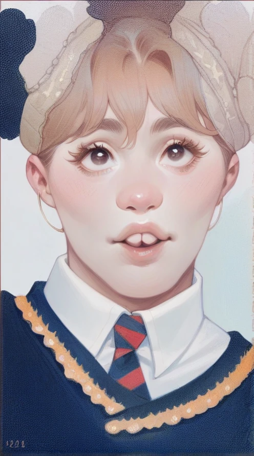cute round eyes, cute nose, round cheeks, skin fair, double eyelid, big eyelashes 