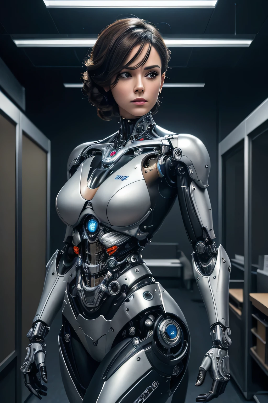 A woman who was transformed into a robot　Mechanical body　Mechanical limbs　Background is an office room, UHD, retina, masterpiece, accurate, anatomically correct, textured skin, super detail, high details, high quality, award winning, best quality, highres