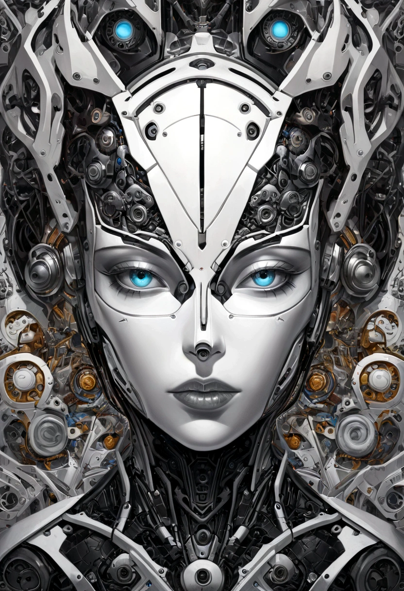 painting of a woman with a dotted head and black and white face, metallic face portrait, swanland radius, tristan eaton, detailed portrait of a cyborg, portrait of a cyborg, humanoid portrait, adrian borda, cyborg portrait, intricate transhuman, symetry!! portrait of cyborg, intricate oil painting artwork, portrait of cyborg, highly conceptual figurative art