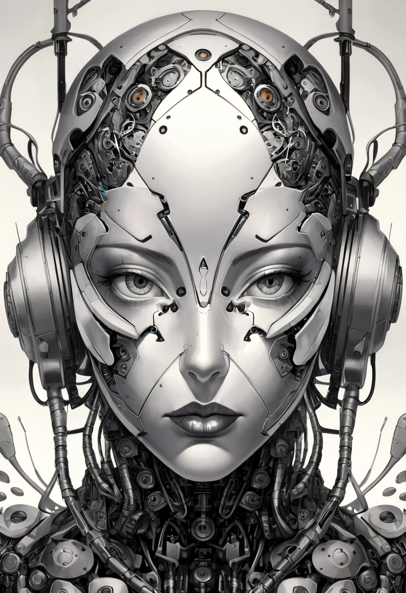 painting of a woman with a dotted head and black and white face, metallic face portrait, swanland radius, tristan eaton, detailed portrait of a cyborg, portrait of a cyborg, humanoid portrait, adrian borda, cyborg portrait, intricate transhuman, symetry!! portrait of cyborg, intricate oil painting artwork, portrait of cyborg, highly conceptual figurative art