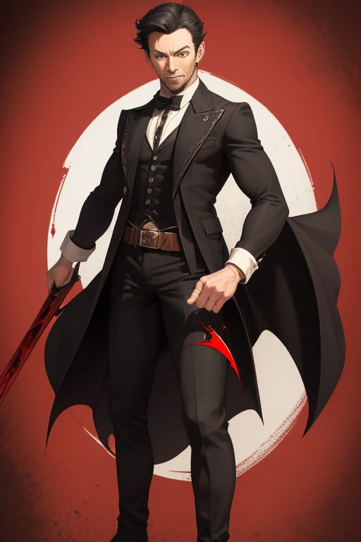 Hugh Jackman Van Helsing 1930s Vampire short black hair vintage pointed ears red eyes Stempunk hunter clothing Van Helsing vintage black decorations Steampunk holding a blood sword looking directly at viewer red background