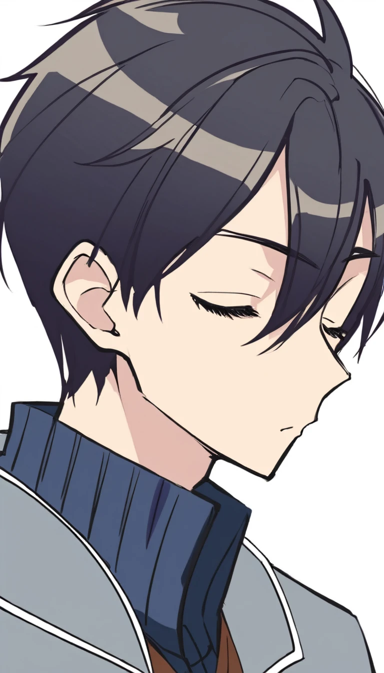 anime style boy, eyes closed, mouth close expression,