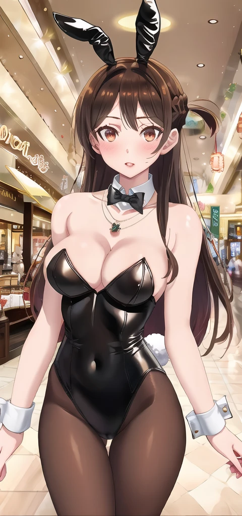 chizuru, 1girl, solo, long_hair, breasts, looking_at_viewer, blush, open_mouth, bangs, medium_breasts, brown_hair, black_hair, brown_eyes, jewelry, upper_body, braid, parted_lips, indoors shoping mall, necklace, wearing: bbunnysuit, pantyhose, fake bunny ears, wrist cuffs, bowtie,
