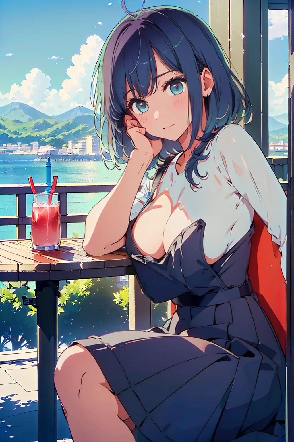 (Highest quality:1.4、masterpiece:1.4、超detailed:1.4、Ultra-high resolution:1.4、Absurd:1.4、Absolute Resolution:1.4、8K:1.4、detailed:1.4)、Slim body、((((1 person、sit、Happy expression、Chair、In the background are the urban buildings of Tokyo、looking at the camera、Outdoor café terrace、Navy hair color、juice、table、Very cute face))))、((((nude、very beautiful areola、valley))))、(Pose with hands tucked behind ears:1.4、Cheek resting on hand:1.4)、(bikini:1.1)、Very blue sky、A completely cloudless sky