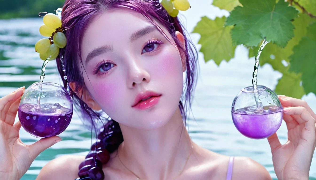 Summer Purple Grape Girl，Dopamine teenage， Cool summer days，Ice cubes，The watery girl，Delicate skin，Hydration，Shiny，Shiny，dream，Front view，bust，pearl，Purple grape fruit