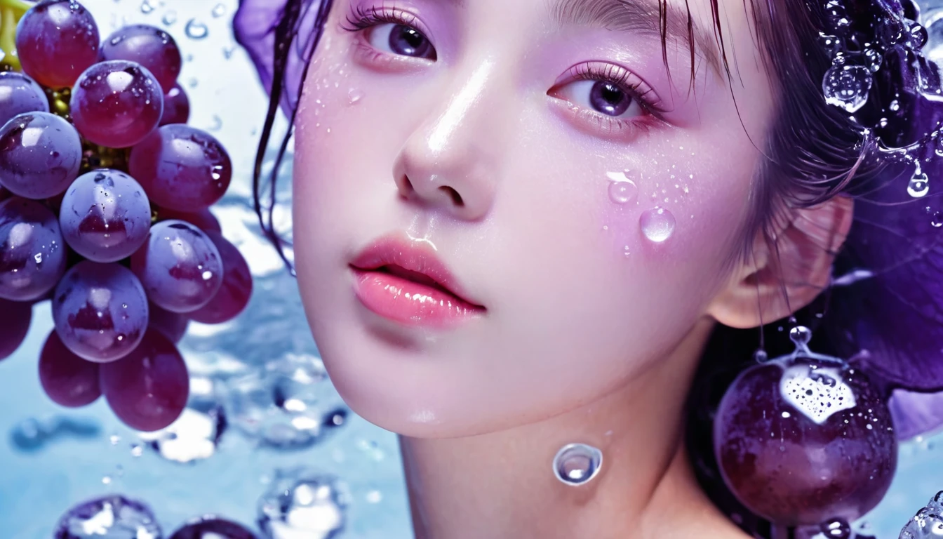 Summer Purple Grape Girl,Dopamine teenage, Cool summer days,Ice cubes,The watery girl,Delicate skin,Hydration,Shiny,Shiny,dream,Front view,bust,pearl,Purple grape fruit