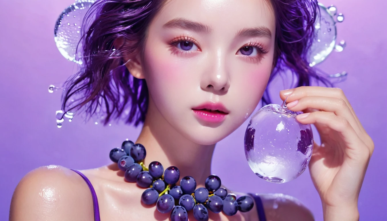 Summer Purple Grape Girl,Dopamine teenage, Cool summer days,Ice cubes,The watery girl,Delicate skin,Hydration,Shiny,Shiny,dream,Front view,bust,pearl,Purple grape fruit